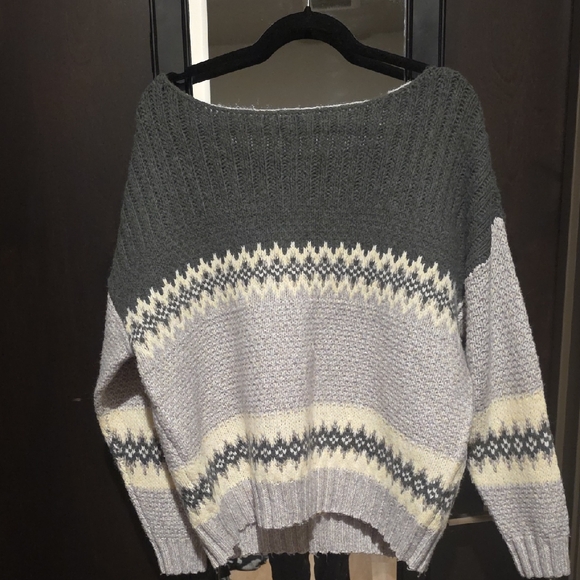 Lucky Brand Sweaters - Lucky Brand Off-the-Shoulder Gray and Cream Sweater